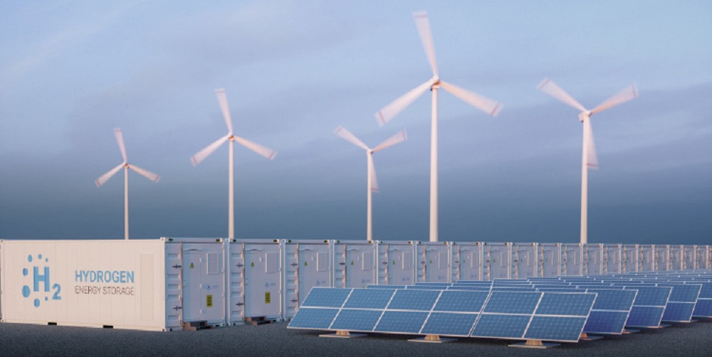 Photo of vertical Hydrogen storage containers safely stored in a row.